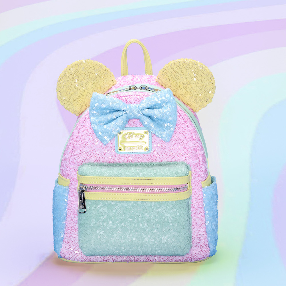 Pastel sequin mini backpack with color block style of pink, green, yellow, and blue